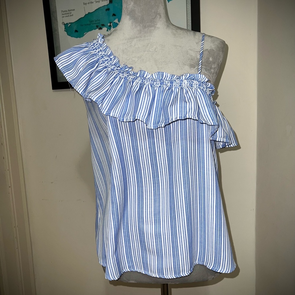 J.O.A. Blue Striped One-Shoulder Ruffle Top Size Medium